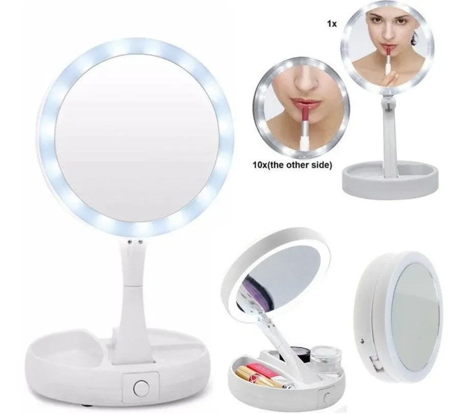 Espejo LED plegable con aumento 1x y 10x