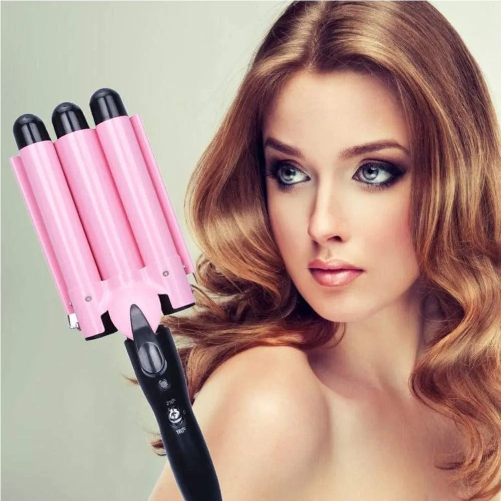 Ondulador de cabello de 3 barriles rosado