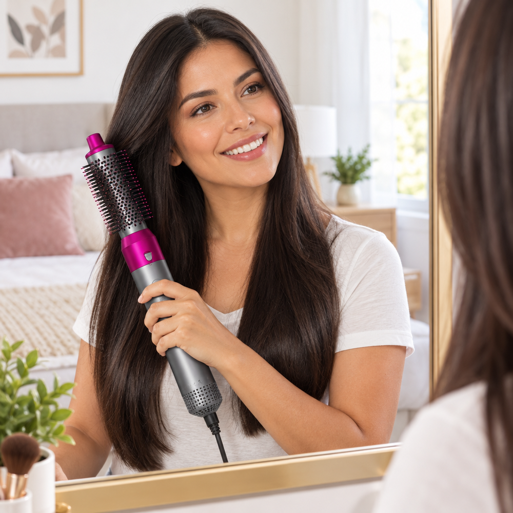 Mujer peinándose con el cepillo secador frente al espejo