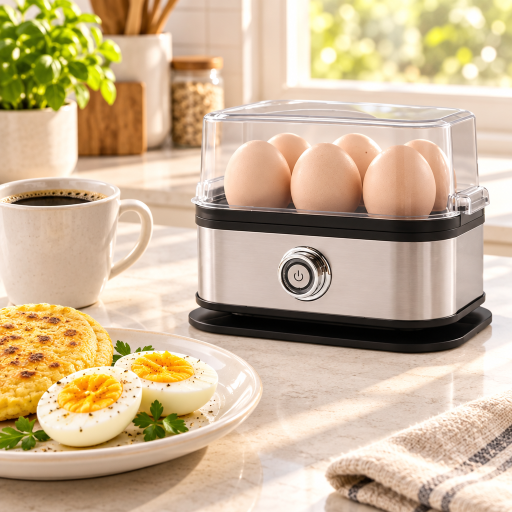 Hervidor de huevos en la cocina con desayuno de arepa y café