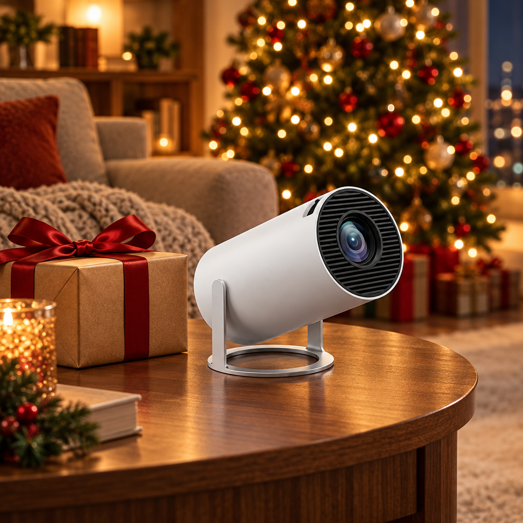 Proyector junto a un regalo de Navidad