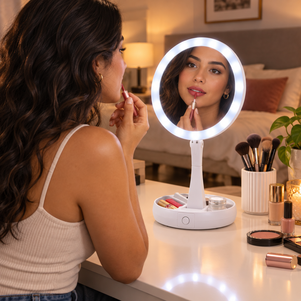 Mujer maquillándose frente al espejo LED