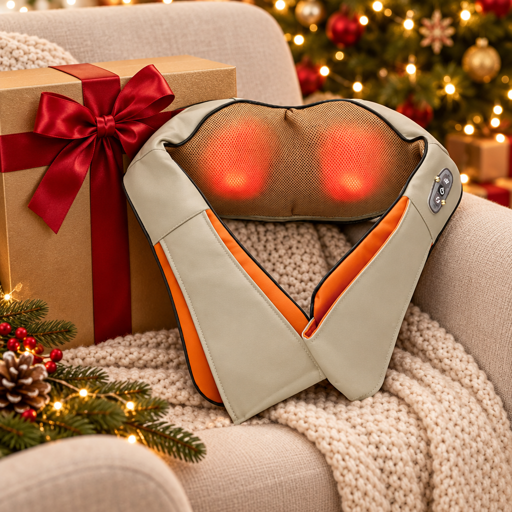 Masajeador junto a un regalo de Navidad