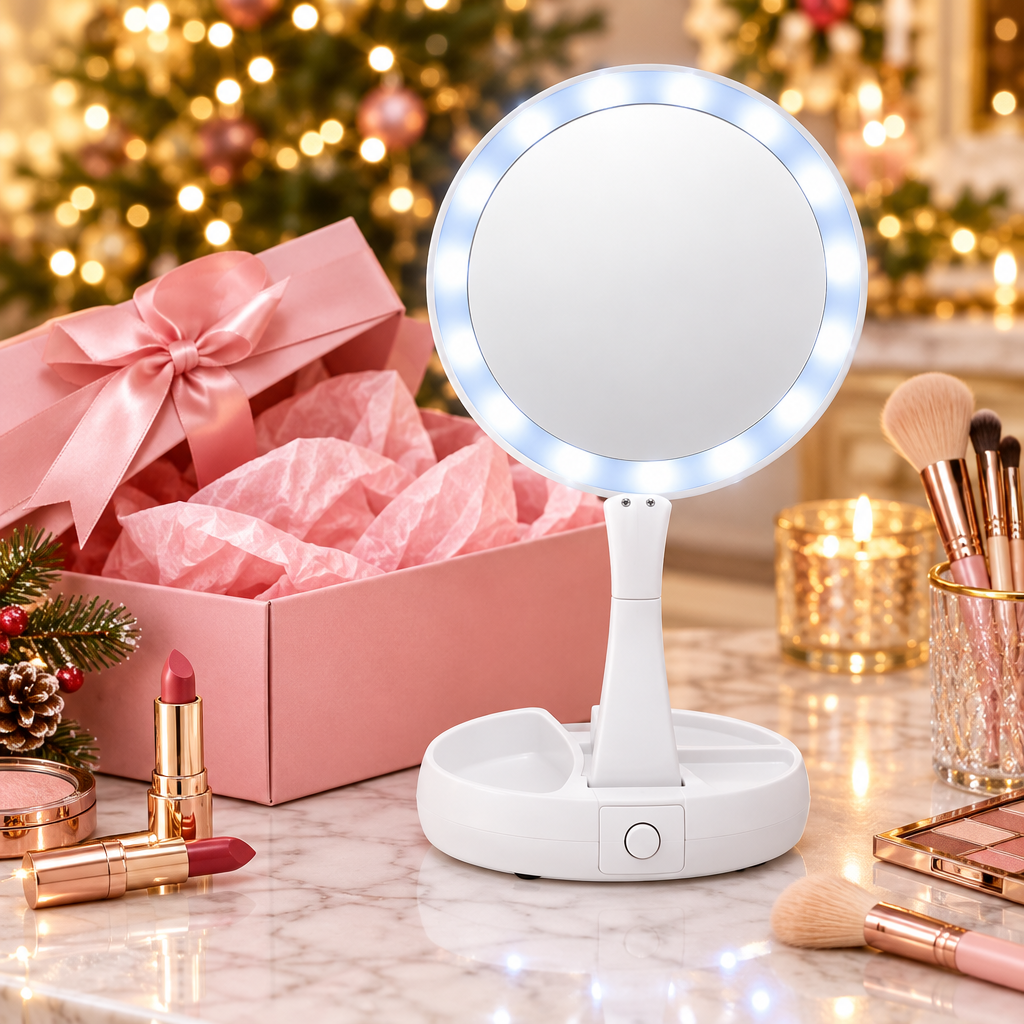 Espejo LED con cosméticos y caja de regalo rosada