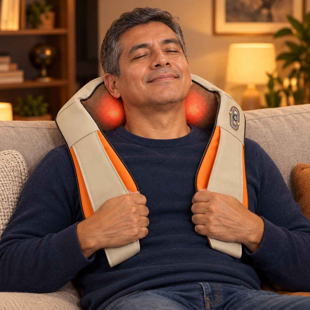 Señor relajado en el sofá usando el masajeador