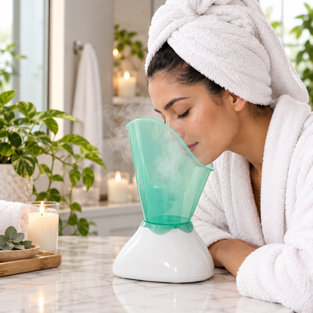 Mujer disfrutando del vapor de la sauna facial