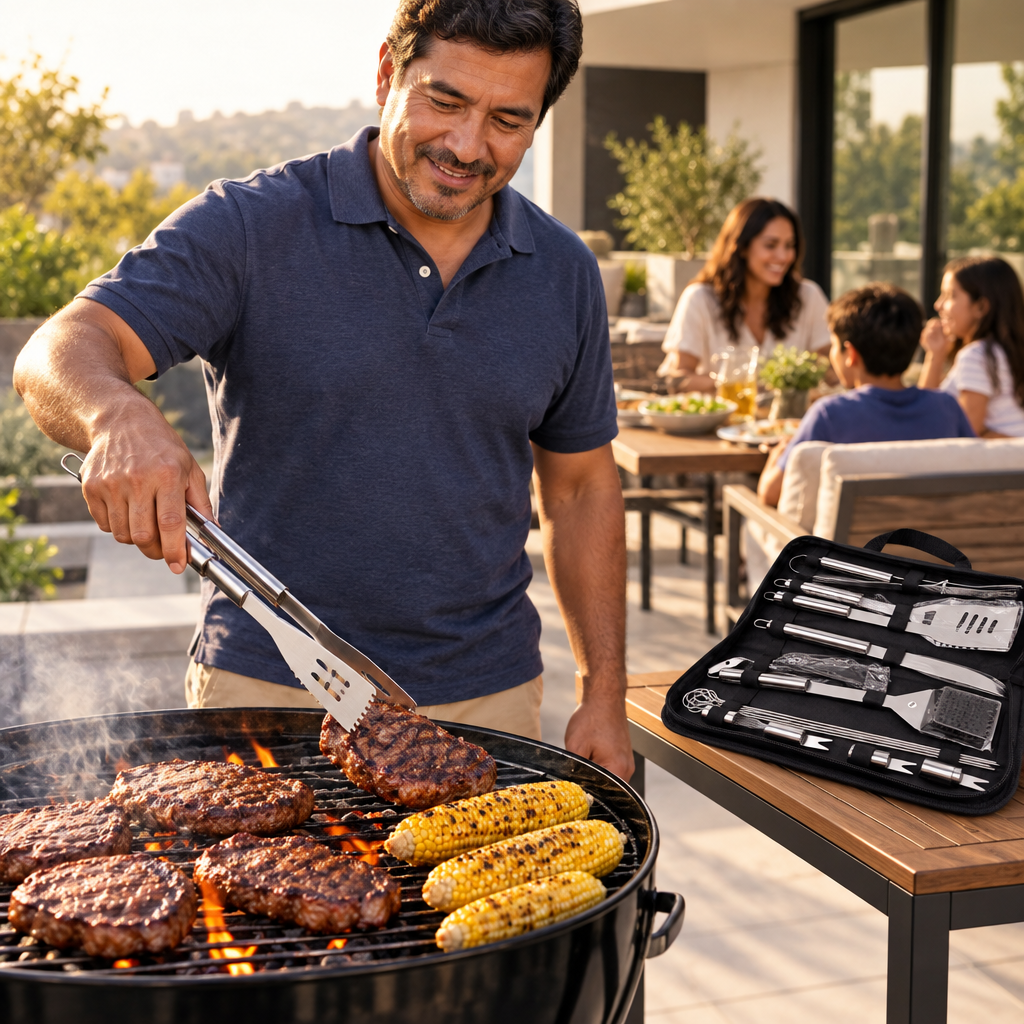 Señor asando carne con las pinzas del set BBQ