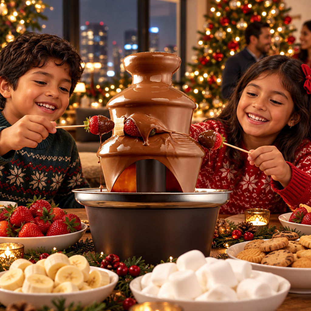 Niños bañando fresas en la fuente de chocolate en Navidad