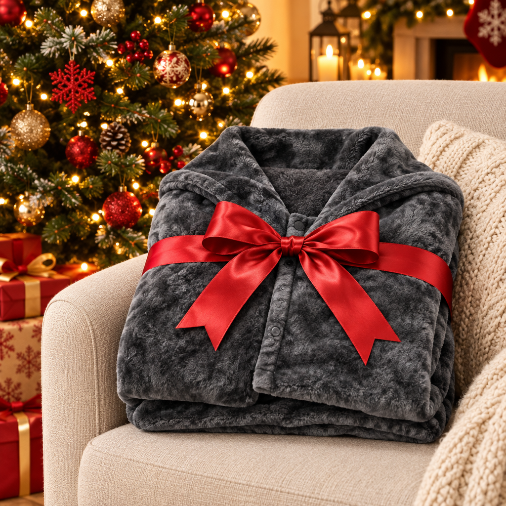 Manta eléctrica con moño junto al árbol de Navidad