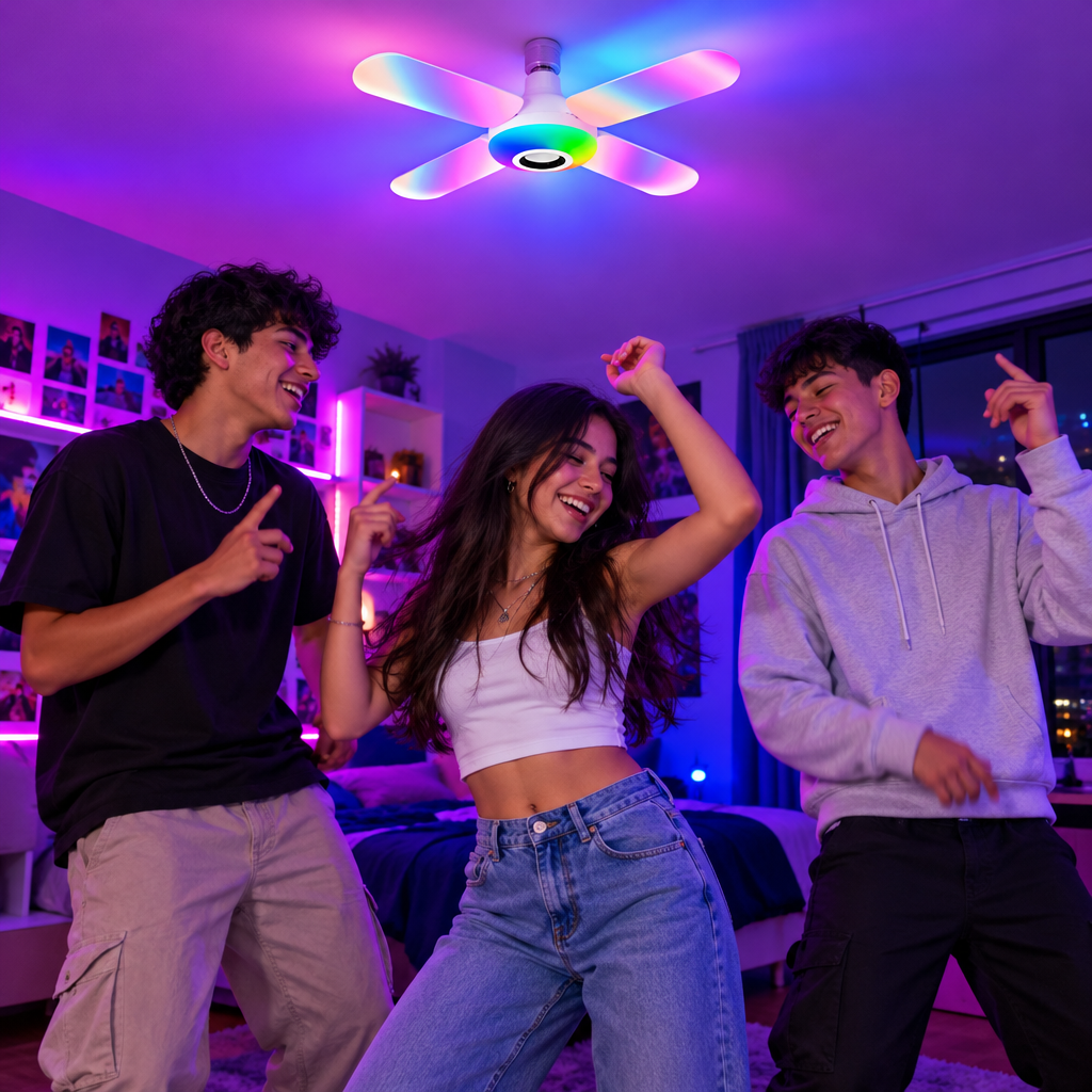 Amigos bailando con las luces del bombillo parlante