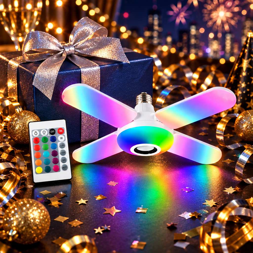 Bombillo parlante junto a un regalo de fin de año