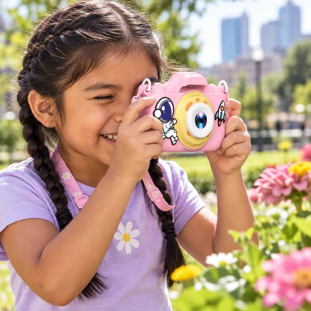 Niña tomando fotos en el parque con la cámara rosa