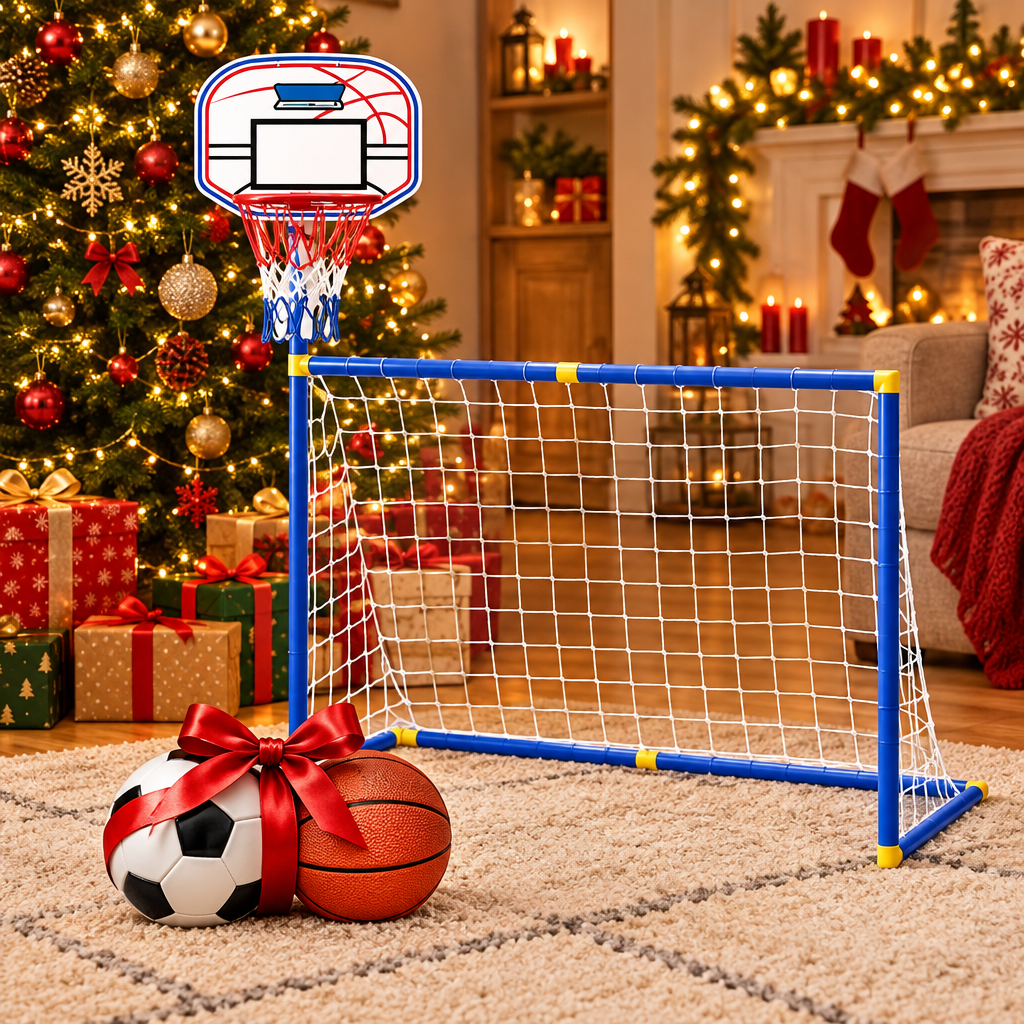 Set deportivo junto al árbol de Navidad