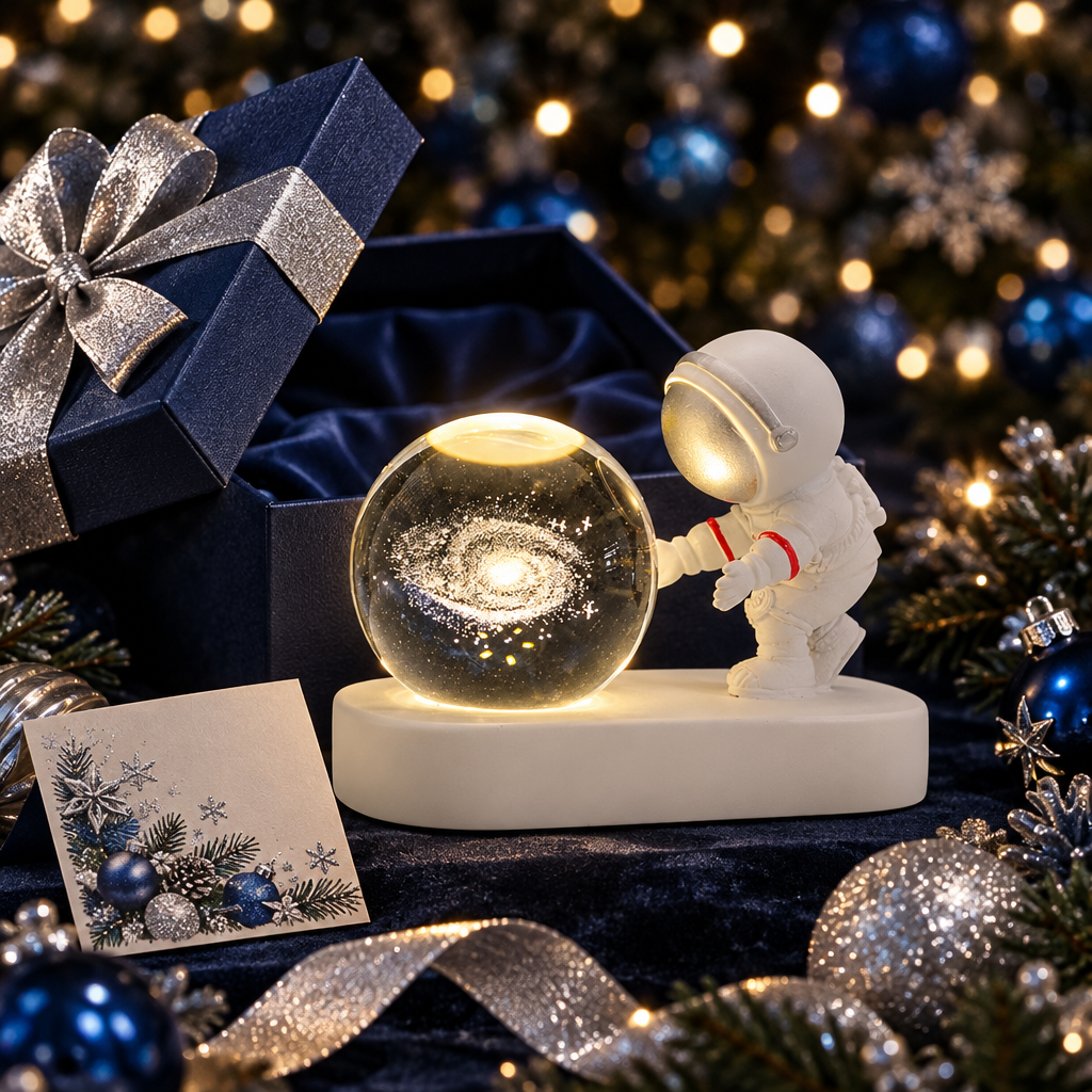 Lámpara galaxia junto a un regalo de Navidad