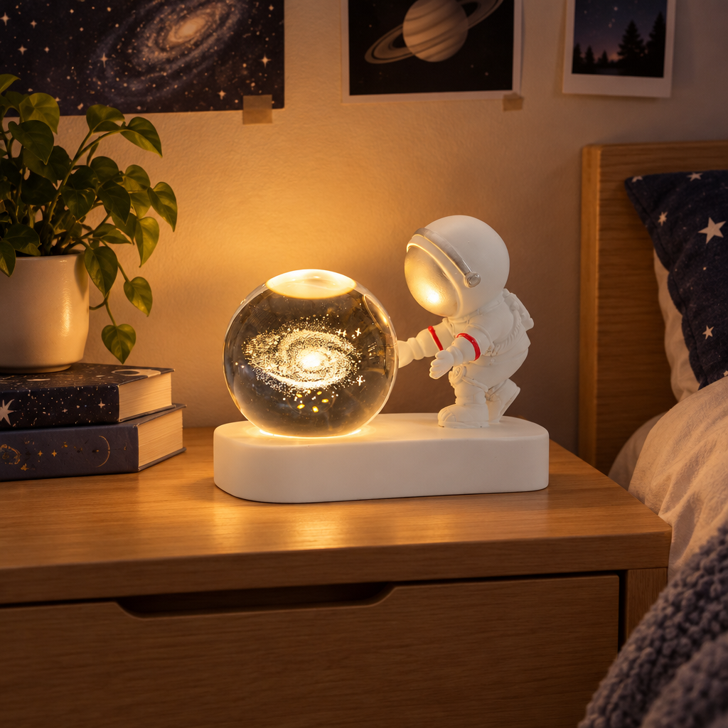 Lámpara galaxia en la mesa de noche