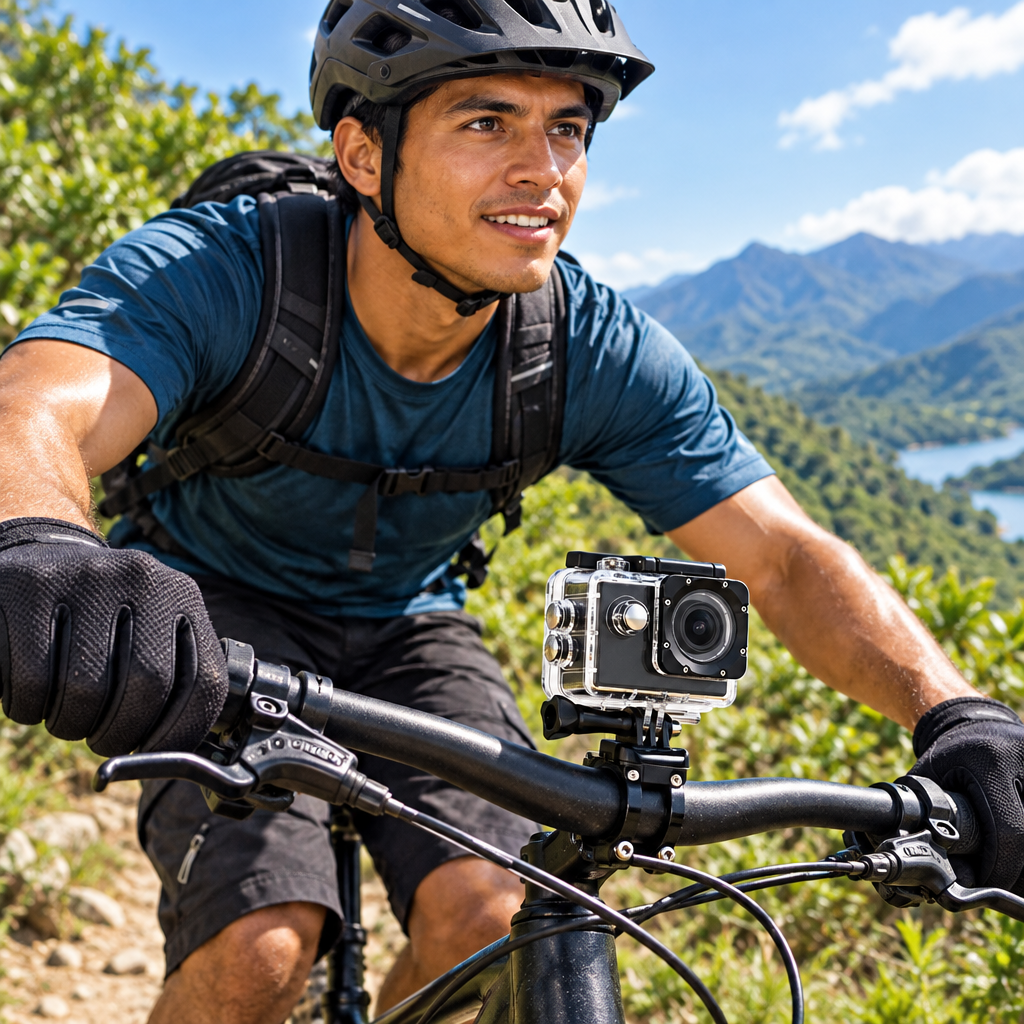 Ciclista con la cámara deportiva en el manubrio