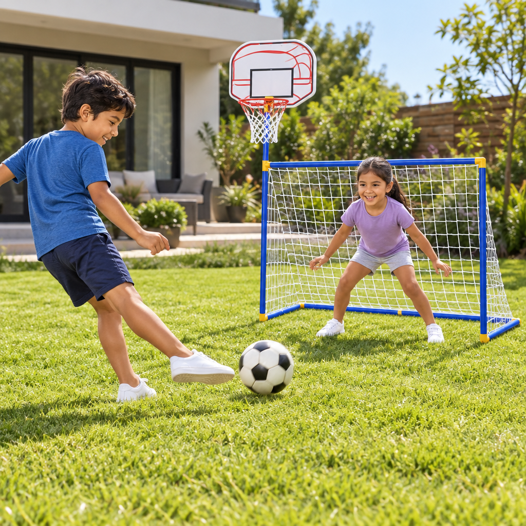 Niños jugando fútbol con el set deportivo en el patio